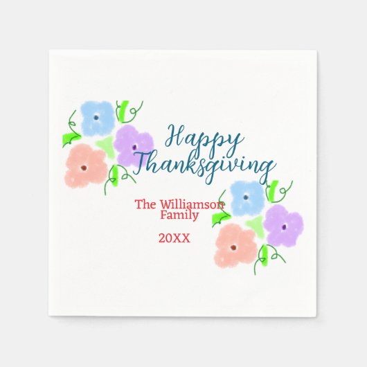 ブルーパープルピンク幸せ感謝祭アドファミリーn スタンダードカクテルナプキン (正面)