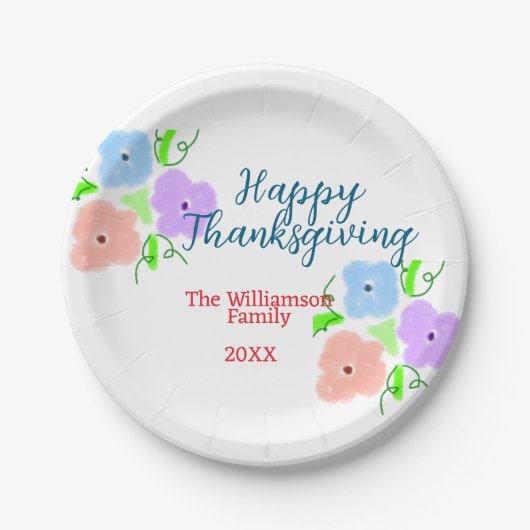 ブルーパープルピンク幸せ感謝祭アドファミリーn ペーパープレート (正面)