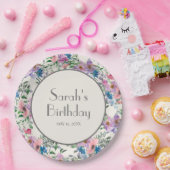 ブルーパープルピンク水彩フラワークリーム甘い16 ペーパープレート (パーティー)