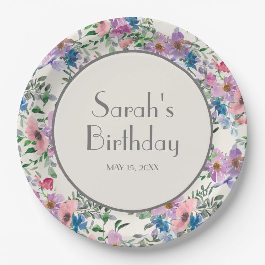 ブルーパープルピンク水彩フラワークリーム甘い16 ペーパープレート (正面)