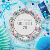 ブルーパープルピンク水彩フローラ75誕生日 ペーパープレート (パーティー)