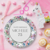 ブルーパープルピンク水彩フローラ75誕生日 ペーパープレート (パーティー)
