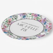 ブルーパープルピンク水彩フローラ75誕生日 ペーパープレート (アングル)