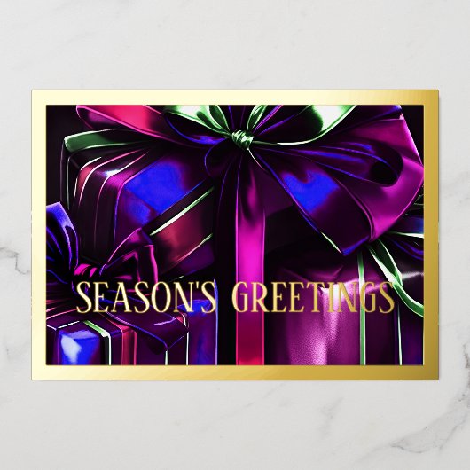 ブルーパープルピンク金ゴールドクリスマスプレゼント 箔シーズンカード (正面)