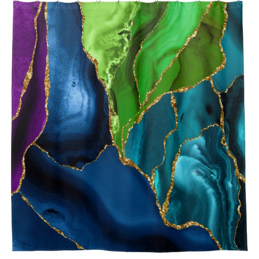 ブルーパープルピーコックアゲートフェイクグリッター シャワーカーテン (正面)