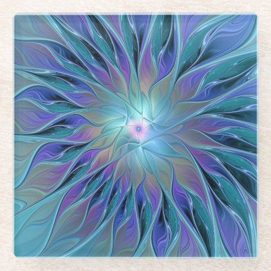 ブルーパープルフラワードリーム抽象芸術フラクタルアート ガラスコースター (正面)