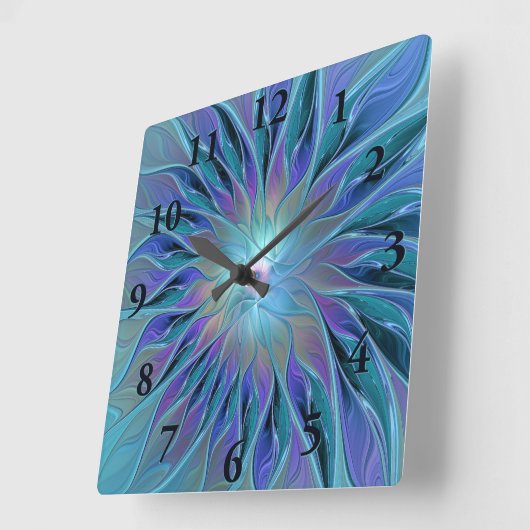 ブルーパープルフラワードリーム抽象芸術フラクタルアート スクエア壁時計 (傾斜)