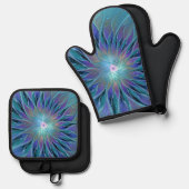 ブルーパープルフラワードリーム抽象芸術フラクタルアート 鍋つかみ&鍋敷きセット (正面/裏面)
