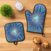 ブルーパープルフラワードリーム抽象芸術フラクタルアート 鍋つかみ&鍋敷きセット (トップダウン)