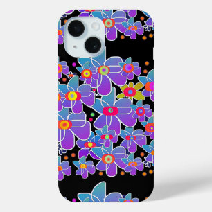 ブルーパープルフラワーバーストブラック iPhone 15ケース