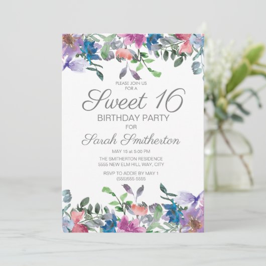 ブルーパープルフローラスウィート16バースデーパーティー 招待状 (スタンド正面)