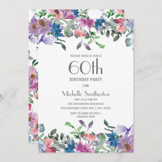 ブルーパープルフローラ女子60誕生日 招待状 (正面/裏面)