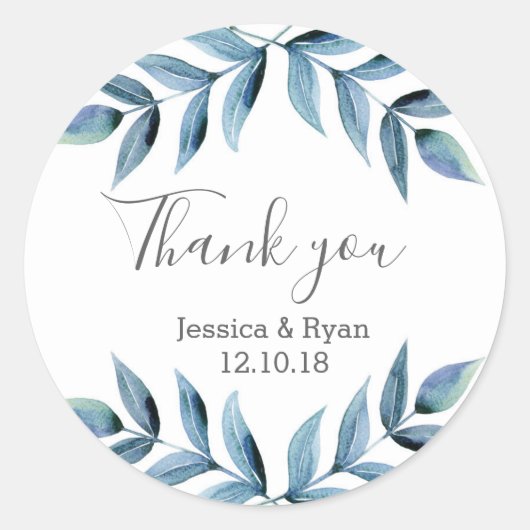 ブルーパープルフローラ結婚ズサンキューステッカー ラウンドシール (正面)