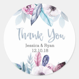 ブルーパープルフローラ結婚ズサンキューステッカー ラウンドシール