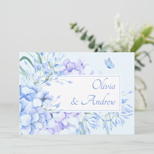 ブルーパープルフローラ開花エレガントな結婚式 招待状 (スタンド正面)