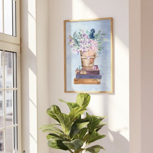 ブルーパープルブックス&フラワーウォールアート ポスター