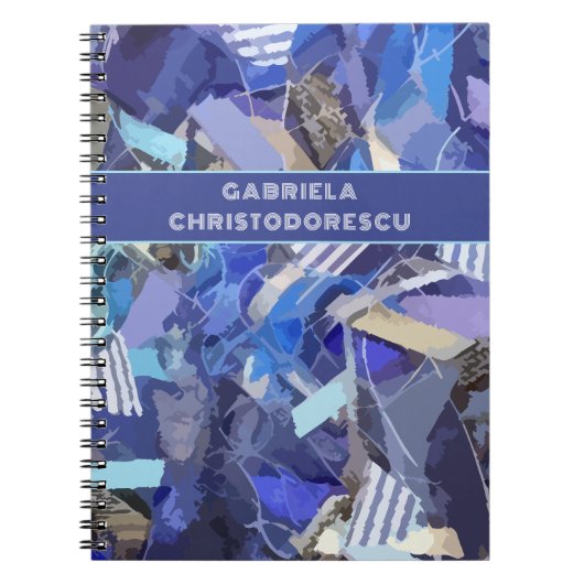ブルーパープルホワイトモノグラム抽象芸術ストライプパターン ノートブック (正面)