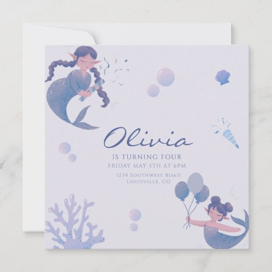 ブルーパープルマーメイドテールアンダーザシー誕生日 招待状 (正面)