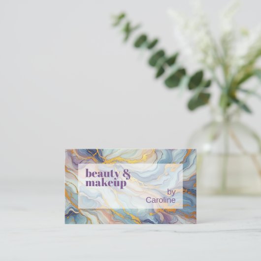 ブルーパープルメイブピンク金ゴールドマーブルアートパターン 名刺 (スタンド正面)