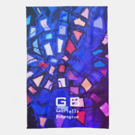 ブルーパープルモノグラム抽象芸術鮮やか赤 キッチンタオル