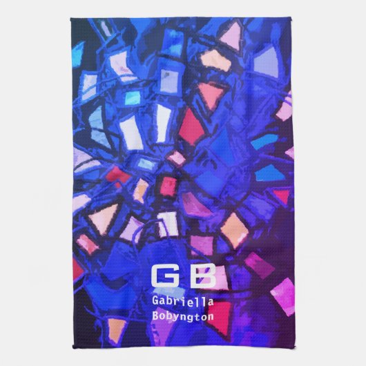 ブルーパープルモノグラム抽象芸術鮮やか赤 キッチンタオル (縦)