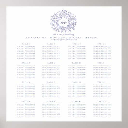 ブルーパープルモノグラム16表結婚のグラフ ポスター (正面)