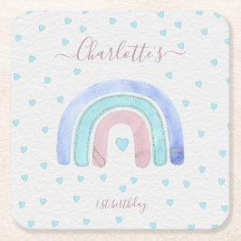 ブルーパープルレインボーファースト誕生日 スクエアペーパーコースター