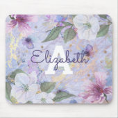 ブルーパープルヴィンテージフローラ水カラーモノグラム マウスパッド (正面)