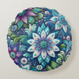 ブルーパープル刺カラフルしゅうスタイル花 ラウンドクッション