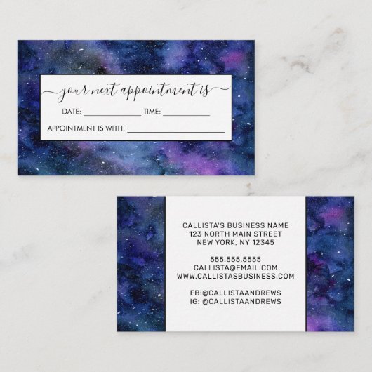 ブルーパープル威厳のある星雲の水彩色 予約カード (正面/裏面)
