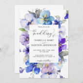 ブルーパープル春花すべて1 QRコード結婚s 招待状 (正面/裏面)