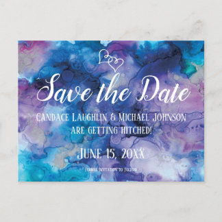 ブルーパープル水彩結婚式の日付を保存 ポストカード