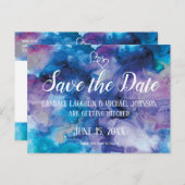ブルーパープル水彩結婚式の日付を保存 ポストカード (正面/裏面)