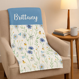 ブルーパープル水彩野花名 フリースブランケット