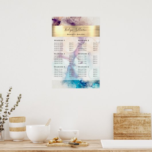 ブルーパープル水彩金箔価格表ポスター ポスター (キッチン)
