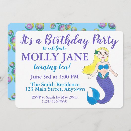 ブルーパープル海人魚バブルバースデーパーティー 招待状 (正面/裏面)
