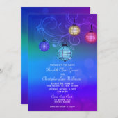 ブルーパープル白熱［赤熱］光を放つ紙ランタン結婚ズ 招待状 (正面/裏面)