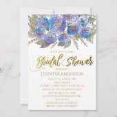 ブルーパープル金ゴールドバラフローラブーケブライダルシャワー 招待状 (正面)