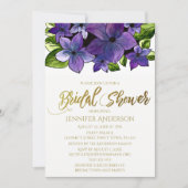 ブルーパープル金ゴールドフローラブーケブライダルシャワー 招待状 (正面)