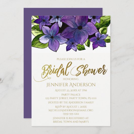 ブルーパープル金ゴールドフローラブーケブライダルシャワー 招待状 (正面/裏面)