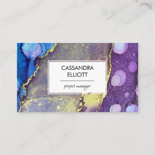 ブルーパープル金ゴールド抽象芸術アルコールインクリキッドアート 名刺 (正面)