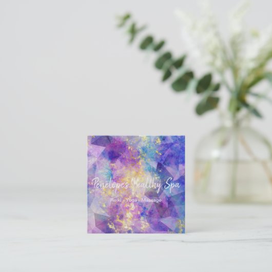 ブルーパープル金ゴールド抽象芸術スクエアビジネスカード スクエア名刺 (スタンド正面)