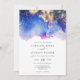 ブルーパープル金ゴールド水彩インクウォッシュ結婚ズ 招待状