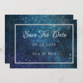 ブルーパープル銀河系結婚式の日付カードを保存 招待状 (正面/裏面)