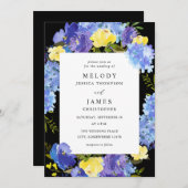 ブルーパープル&イエロー結婚フローラ – ブラック 招待状 (正面/裏面)