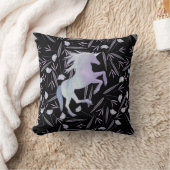 ブルーパープル&ブラックユニコーン&フローラルパターン クッション (ブランケット)