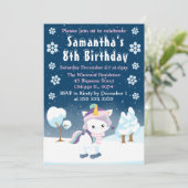 ブルーパープル&ホワイトウィンターユニコーン誕生日パーティー 招待状 (スタンド正面)