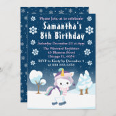 ブルーパープル&ホワイトウィンターユニコーン誕生日パーティー 招待状 (正面/裏面)