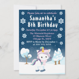 ブルーパープル&ホワイトウィンターユニコーン誕生日パーティー 招待状