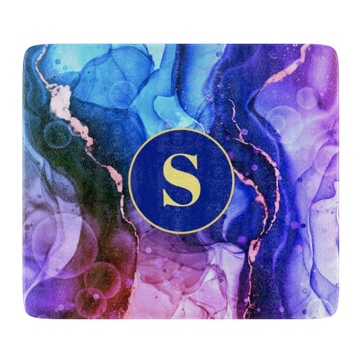 ブルーパープル&レッドバイオレット液体インク、モノグラム カッティングボード (正面)